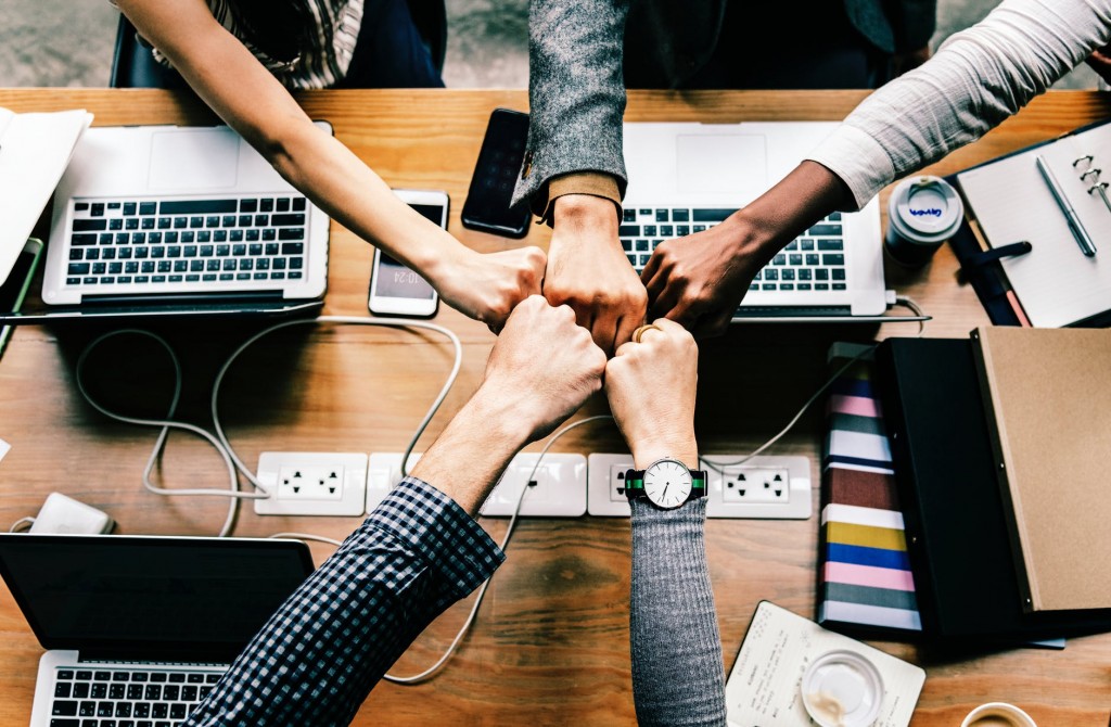 A team collaborating on a financial marketing project