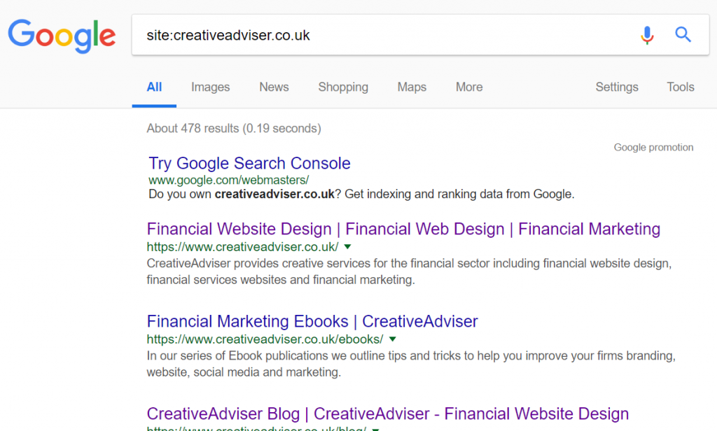 Example of financial website marketing in Google